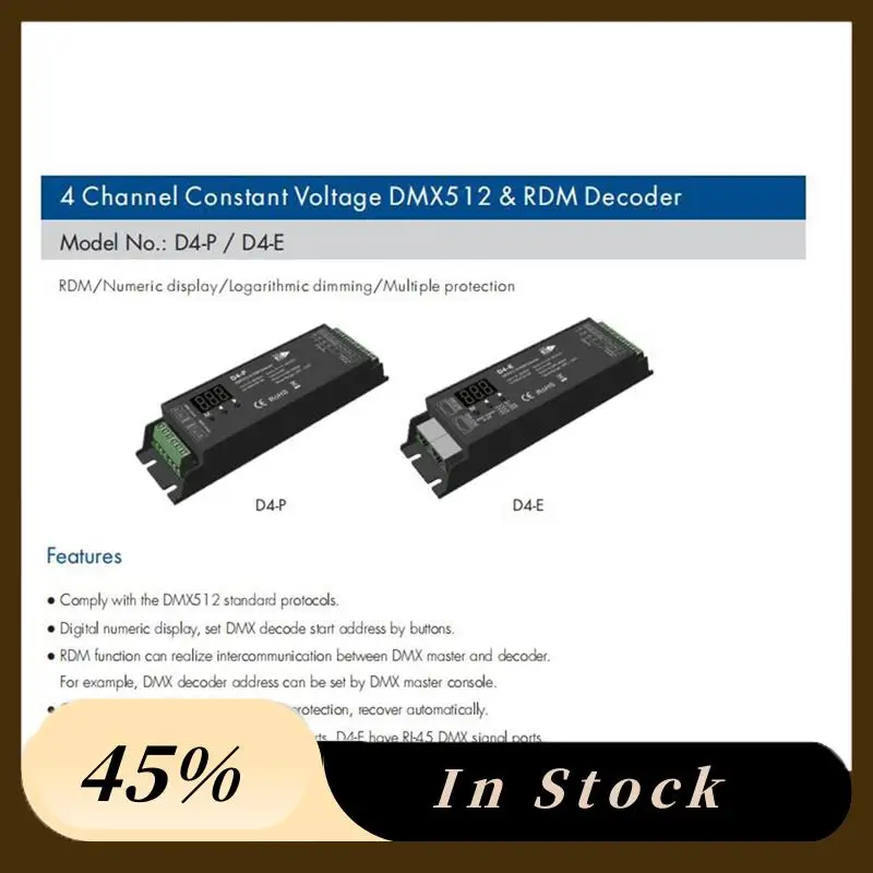 D4-P 4 Channel PWM Constant Voltage DMX &RDM LED Decoder Controller Digital Display XLR3 RJ45 Port DC12-36V Input 8Ax4ch Black