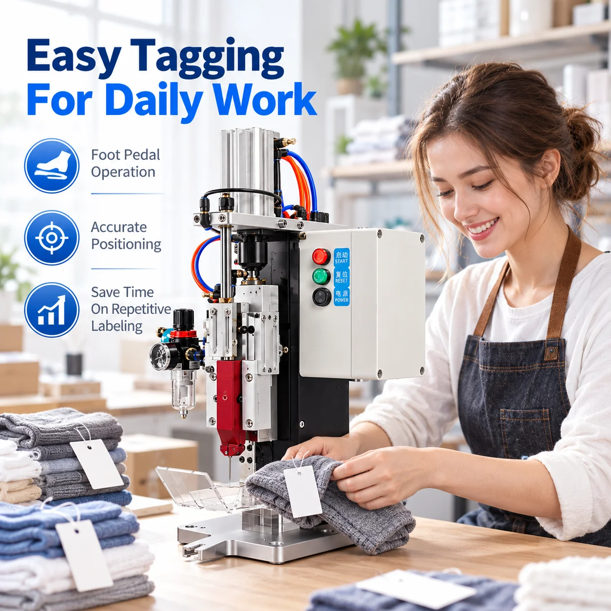 AOLIVIYA Automatic Pneumatic Tagging Machine Hang Tag Gun Label Fastener Attacher For Socks Clothing Plush Toys TM300C