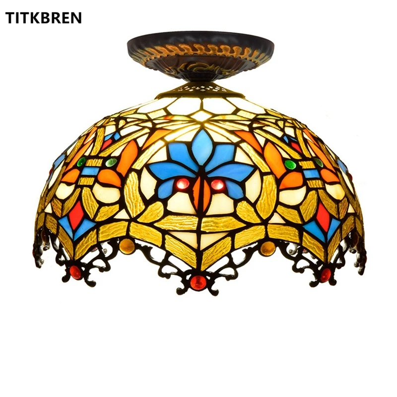 Tiffany Style Stained Glass Ceiling Lamp Balcony Retro Mediterranean Baroque Art Lighting Bedroom Stairs Home Fixtures Dia 30CM