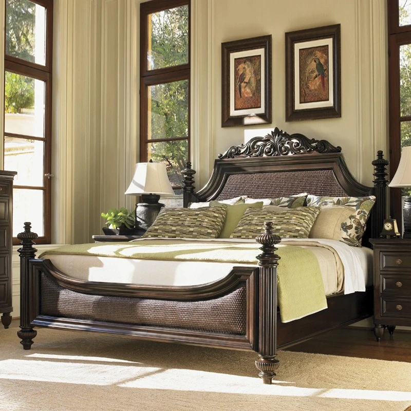 American retro old solid wood bed 1.8 meters European carved rattan emperor bed double bed neoclassical wedding