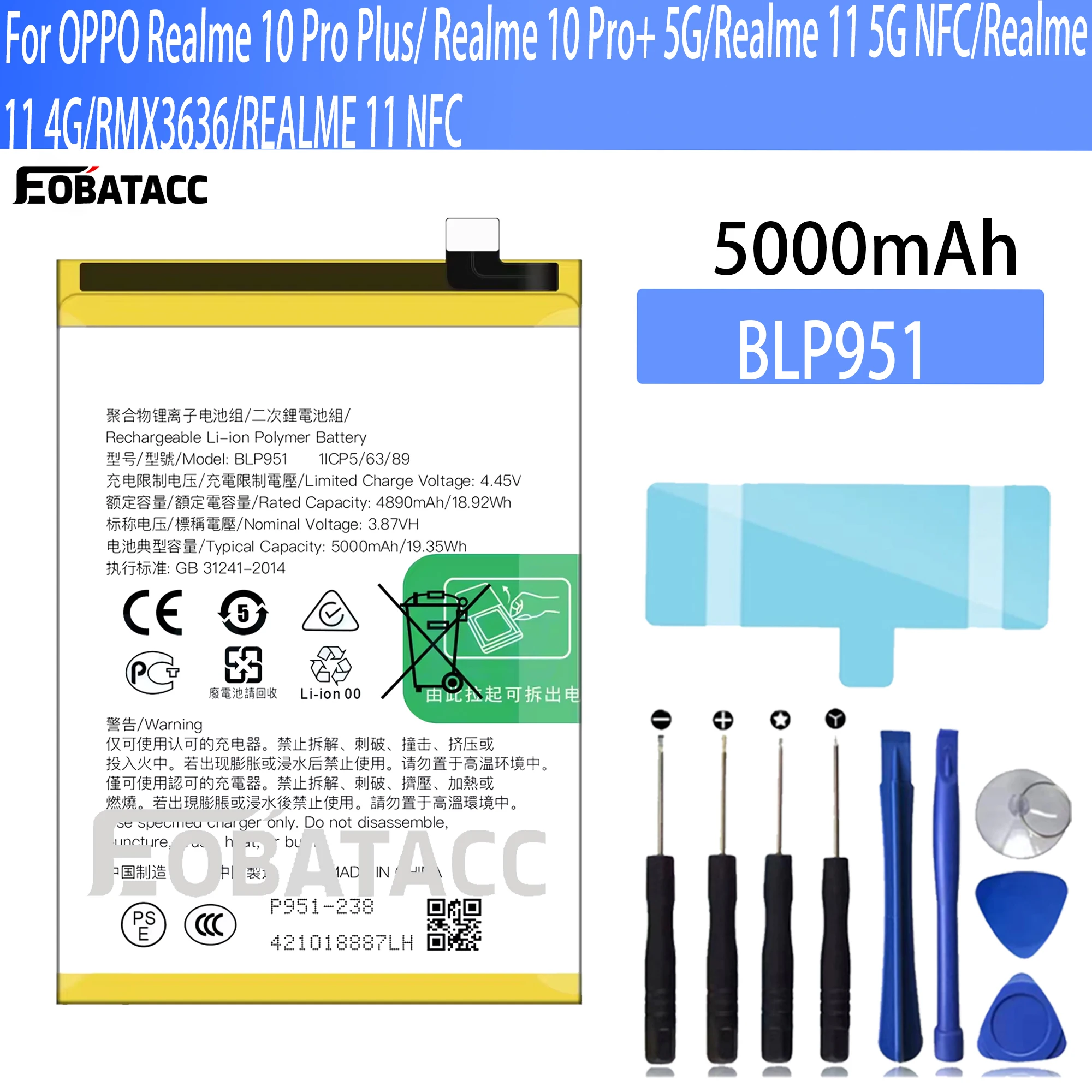 100% New Original Battery BLP951 For OPPO Realme 10 Pro Plus/ Realme 10 Pro+ 5G/Realme 11 5G NFC /Realme 11 Battery + Free Tools