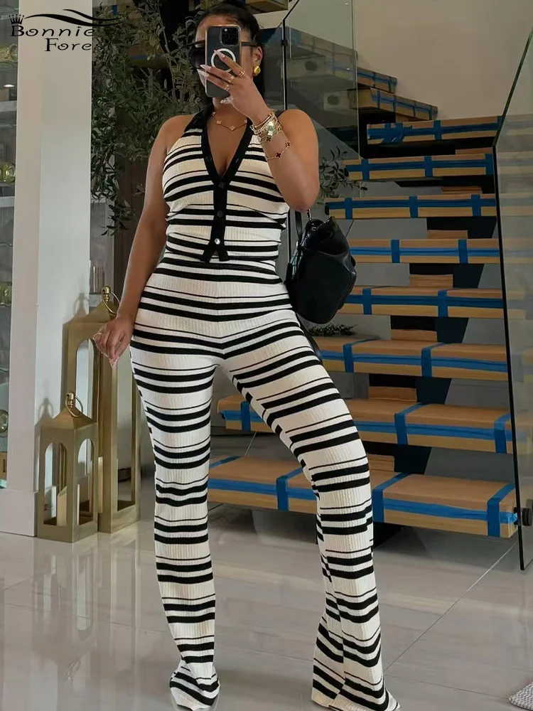 

Bonnie Forest Women Casual Striped Crop Top And Wide Legs Pant Set Two-Piece Outfits Workout Overalls Summer Tracksuits Set