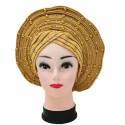 Najlepiej sprzedający się nigeryjski Gele Headtie Aso Oke Gele już wykonane Auto Gele Aso Ebi Headtie afrykańska czapka Turban z kolorowymi koralikami