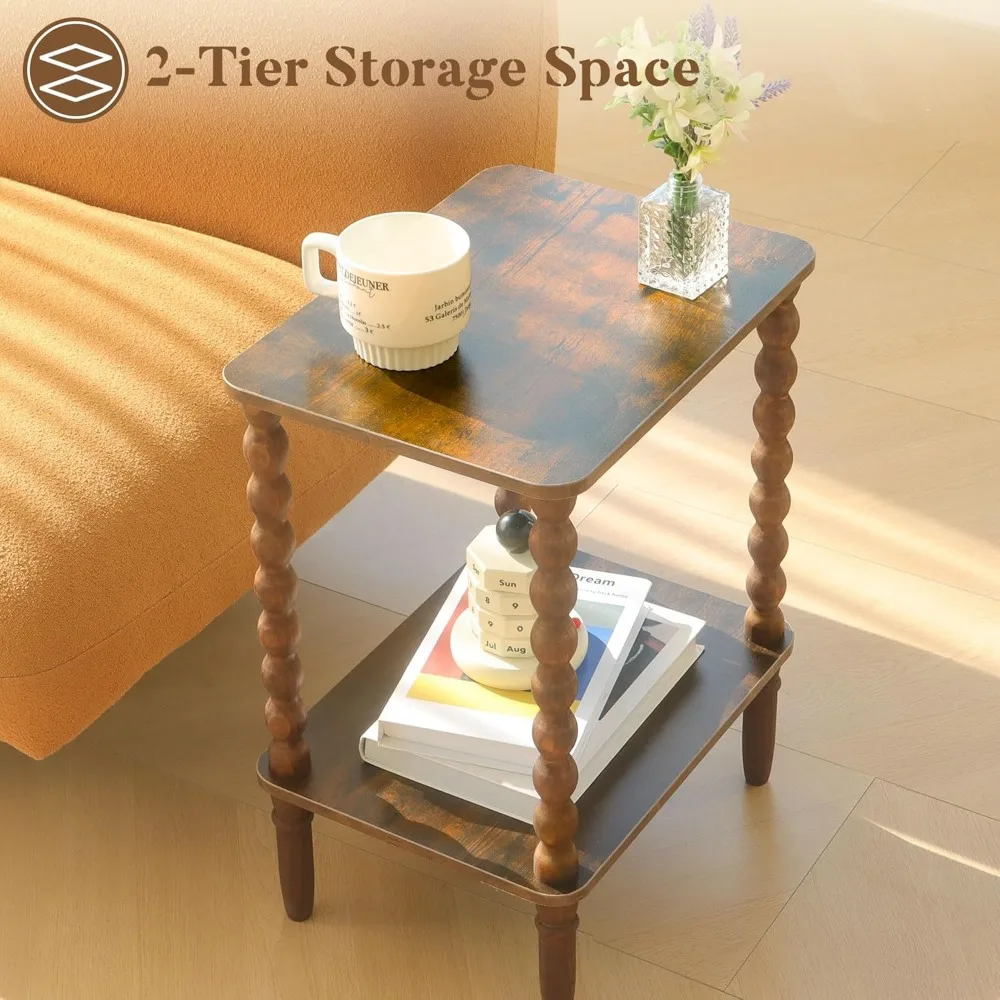 Rustic Brown 2-Tier Side Table with Storage Shelf for Living Room, Bedroom, and Narrow Spaces