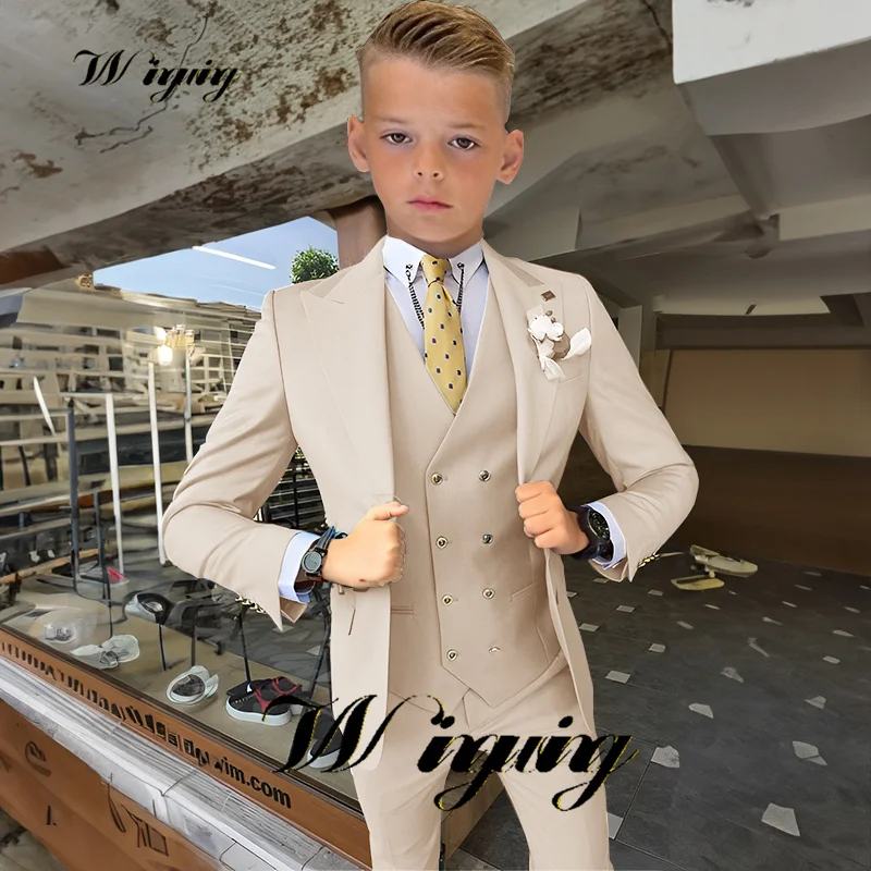 Khaki Boys Three Piece Suit Kids Wedding Tuxedo (Jacket Pants Vest Tie) Formal Slim Fit Childs Tailored Clothes