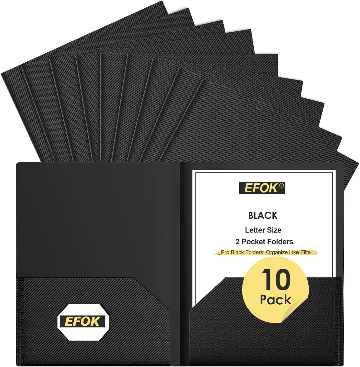 

10 Pack Heavy Duty Black Plastic Folders with 2 Pockets, Textured Light Luxury File Folders with Business Card Slot, Letter Size Filing Supplies for Back to School & Office Organization