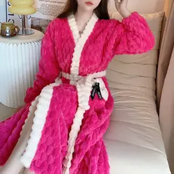 Hot Pink Kimono Thicken Coral Fleece Nightgown Women Loose Sleepwear Long Robes with Pocket Lady Autumn Winter New Bathrobe