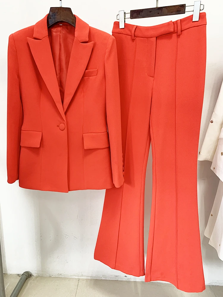 HIGH QUALITY Newest 2024 Spring Designer Career Fashion Suit Set Women's Single Button Slim Fit Blazer Flare Pants Two Pcs