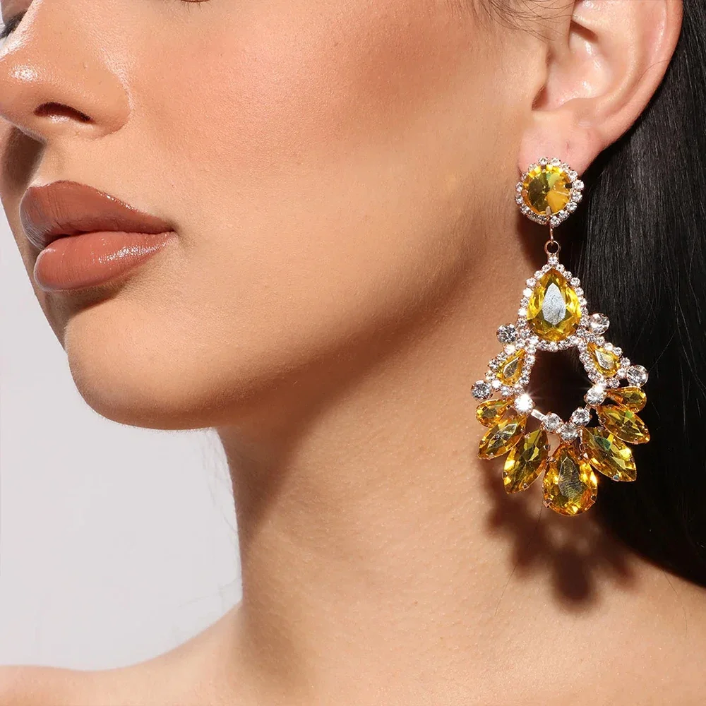 Bohemian Yellow Rhinestone Water Drop Geometric Earrings Dinner Jewelry for Women Luxury Crystal Big Dangle Statement Earrings