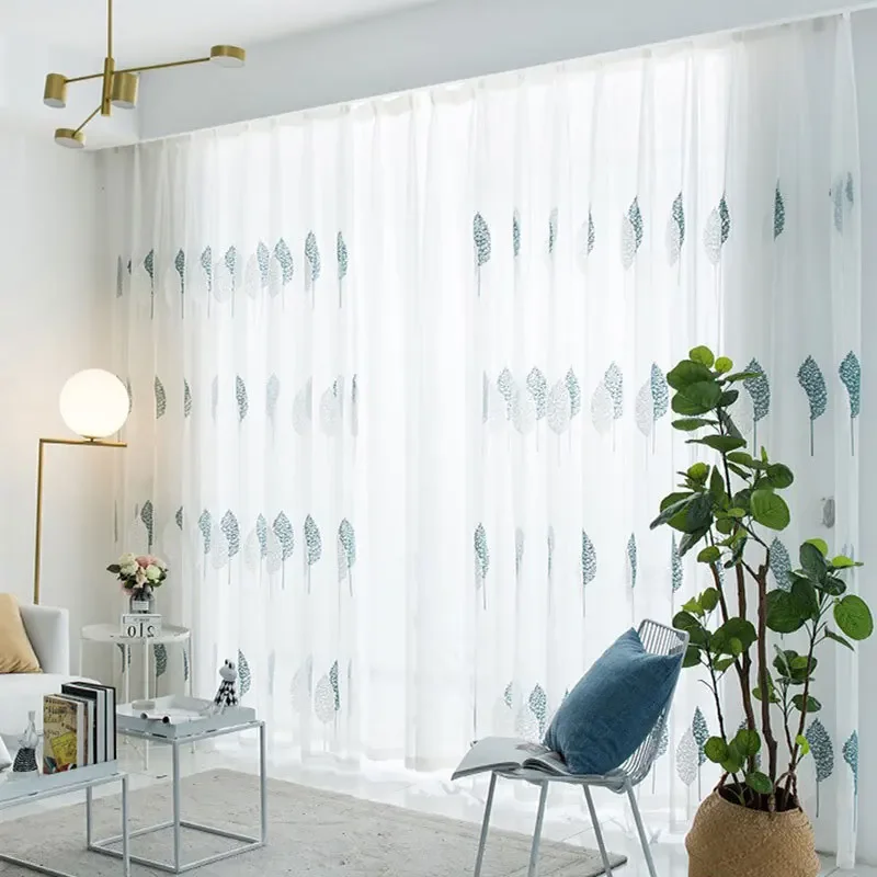 Leaf Embroidered Screen Window Screen Blue White Double Tree Gauze  Tulle 1PC Curtains Living Room Bedroom Balcony Bay Window