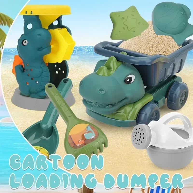 Conjunto de carro e pá de brinquedo de praia-brinquedos de areia com tema de dinossauro com draga de ampulheta divertido kit de atividades de praia para crianças de 3 a 8 anos colher de areia