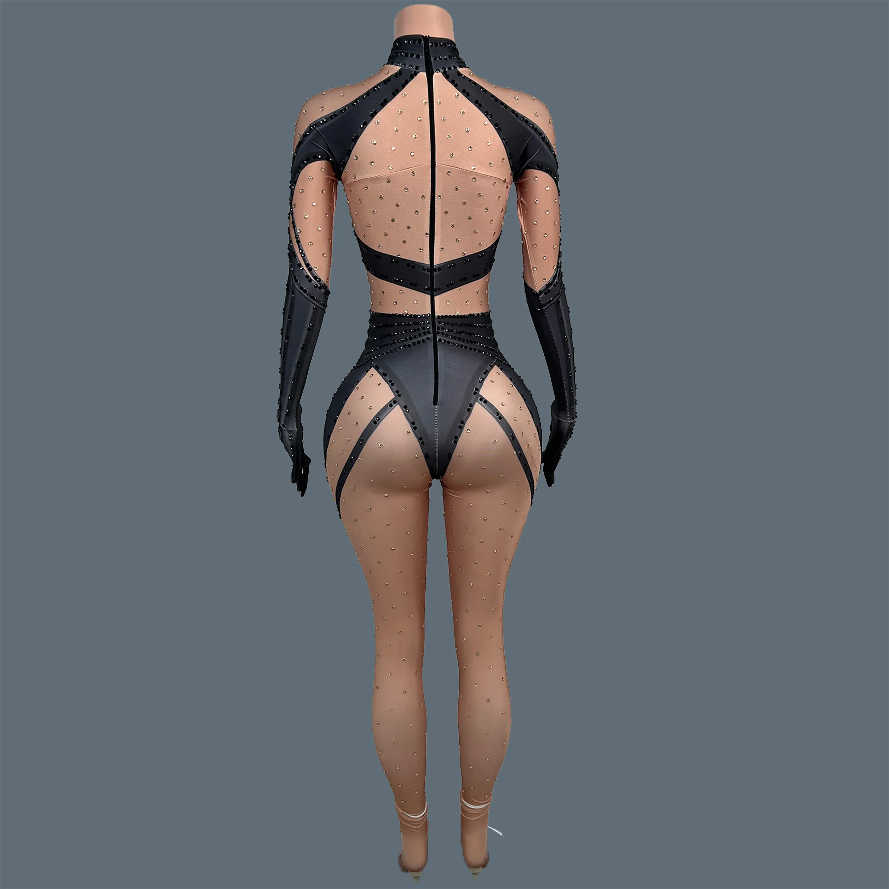 Black Spandex Elastic Tight Fitting Jumpsuit Long Sleeve Rhinestone Drag Queen Performer Wear Club Stage Dance Bodysuit Tiepi view 3