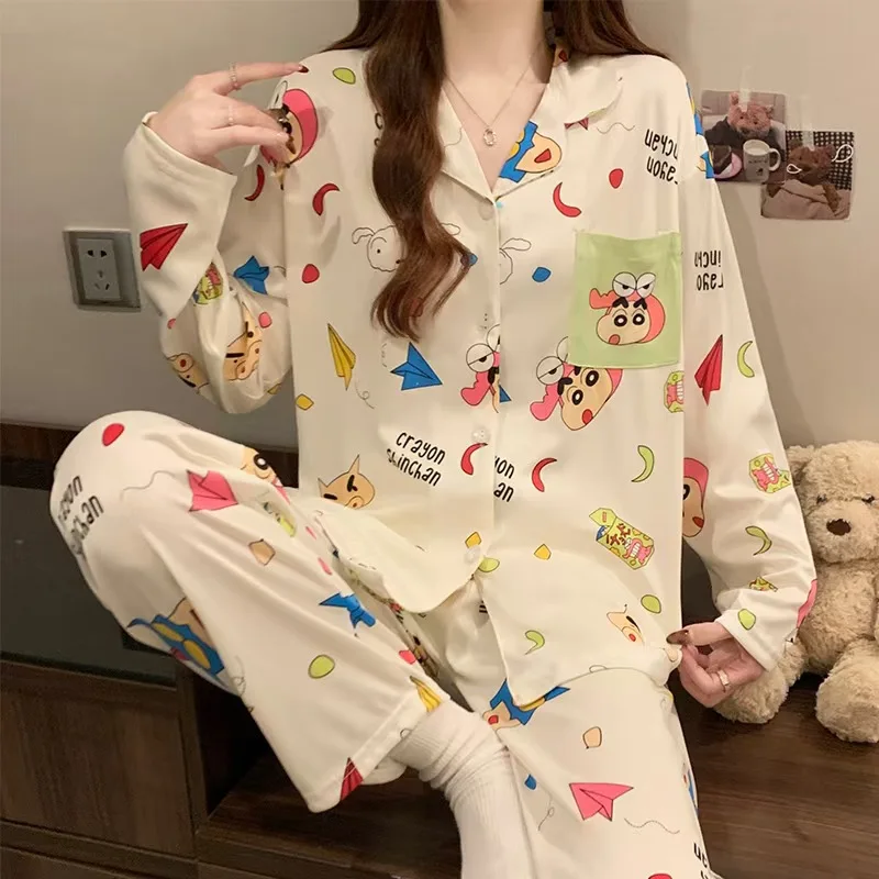 Crayon Shin‑Chan Long Sleeve Pajama Set Action Kamen Cartoon Print Japanese‑Style Casual Loungewear Home Sleepwear For Autumn