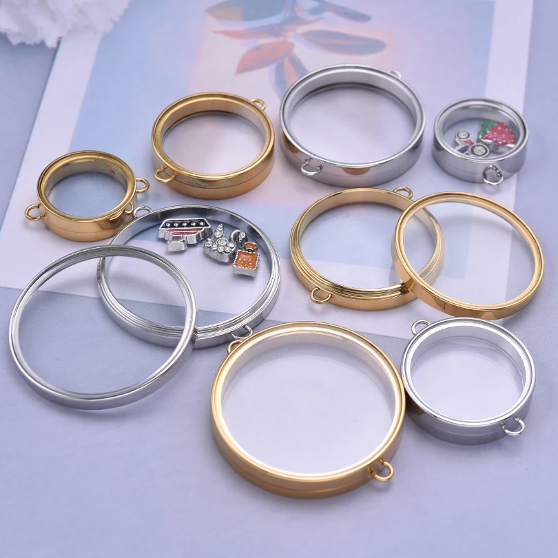 5pcs/lot Stainless Steel Glass Floating Lockets with Double Hanging Holes No Fade Lockets Pendant Jewelry Medallion Photo Keeper