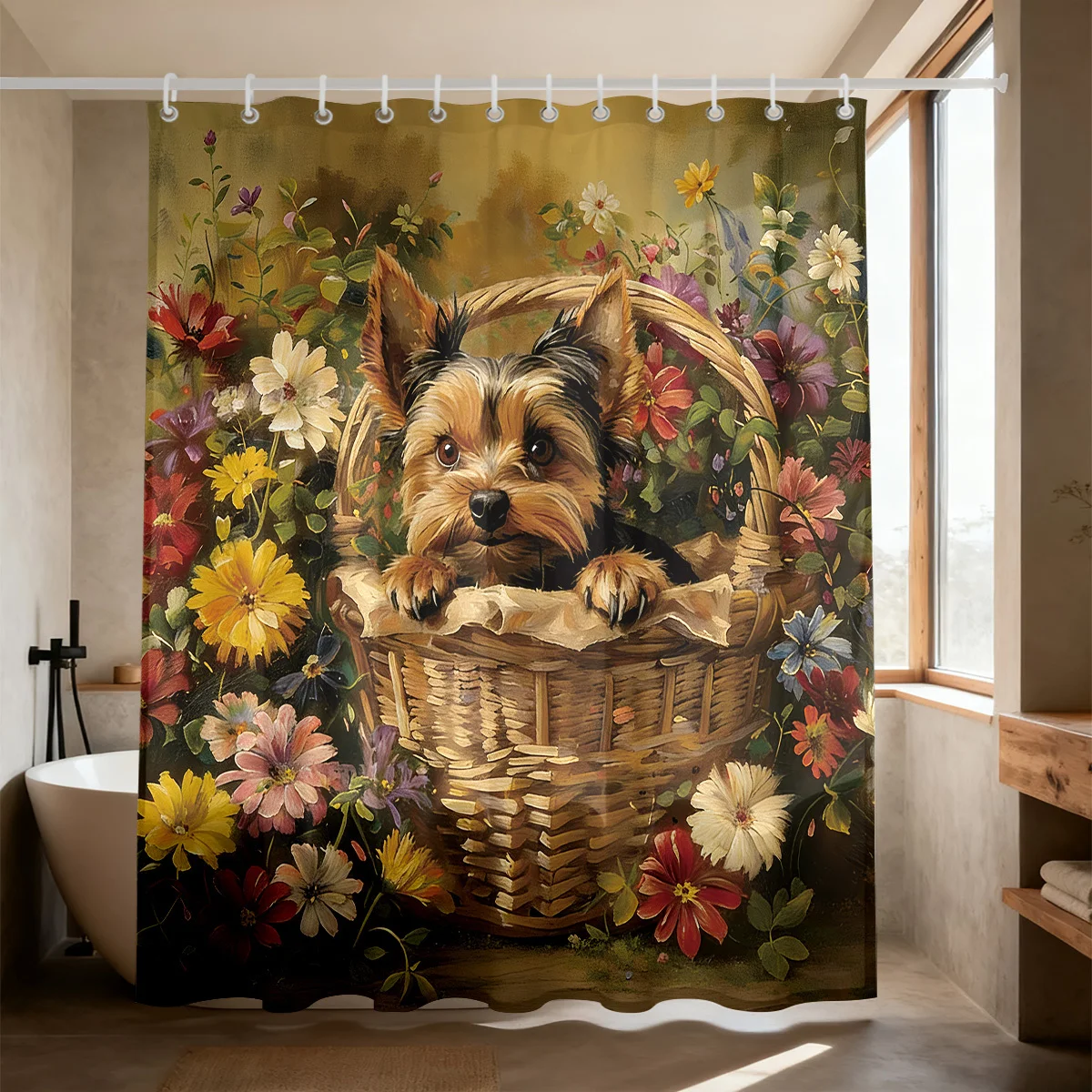Vintage Floral Yorkshire Terrier Puppy Shower Curtain Polyester Digital Printing Lovely Yorkie Dog in Woven Basket Colorful