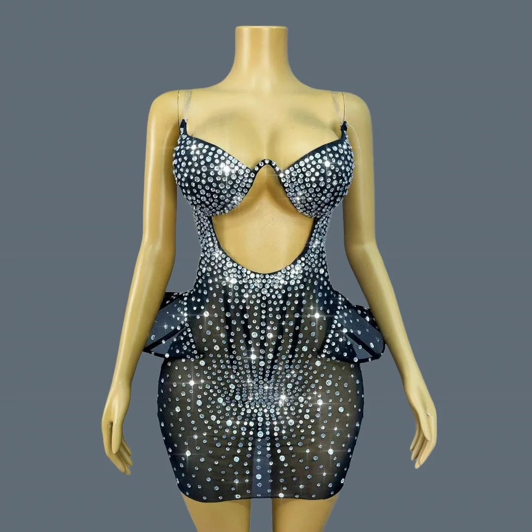 

Sparkly Silver Rhinestone See Through Mesh Sexy Dress Little Black Dresses Formal Occasion Night Party Deep V Neck Outfit Oumiga