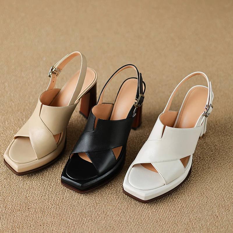 【JOCHEBED HU】Handmade Genuine Leather Summer One-button Thick Open Toe Sexy Professional High Heels Temperament Female Sandals