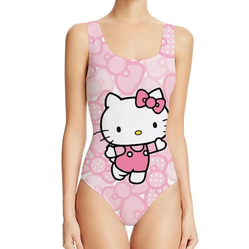 

Kawaii Girls Bikini Swimsuit Hello Kitty Sport Sexy Bodysuit Sanrio Cartoon Print Tight-fitting Cute Female Beachwear Jumpsuits
