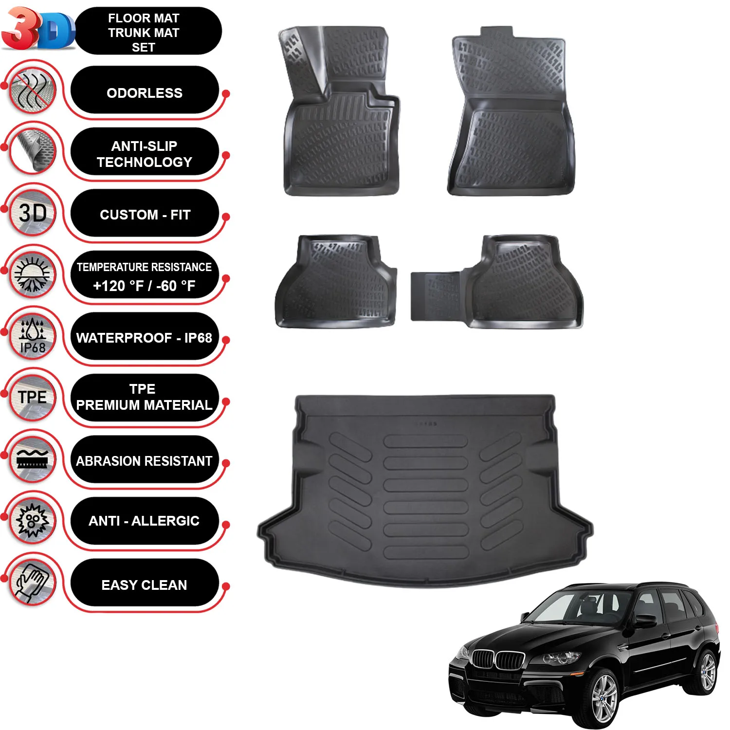 BMW X5 E70 - (2006-2013) - Floor Mats + Cargo Trunk Liner - SET - (Black)