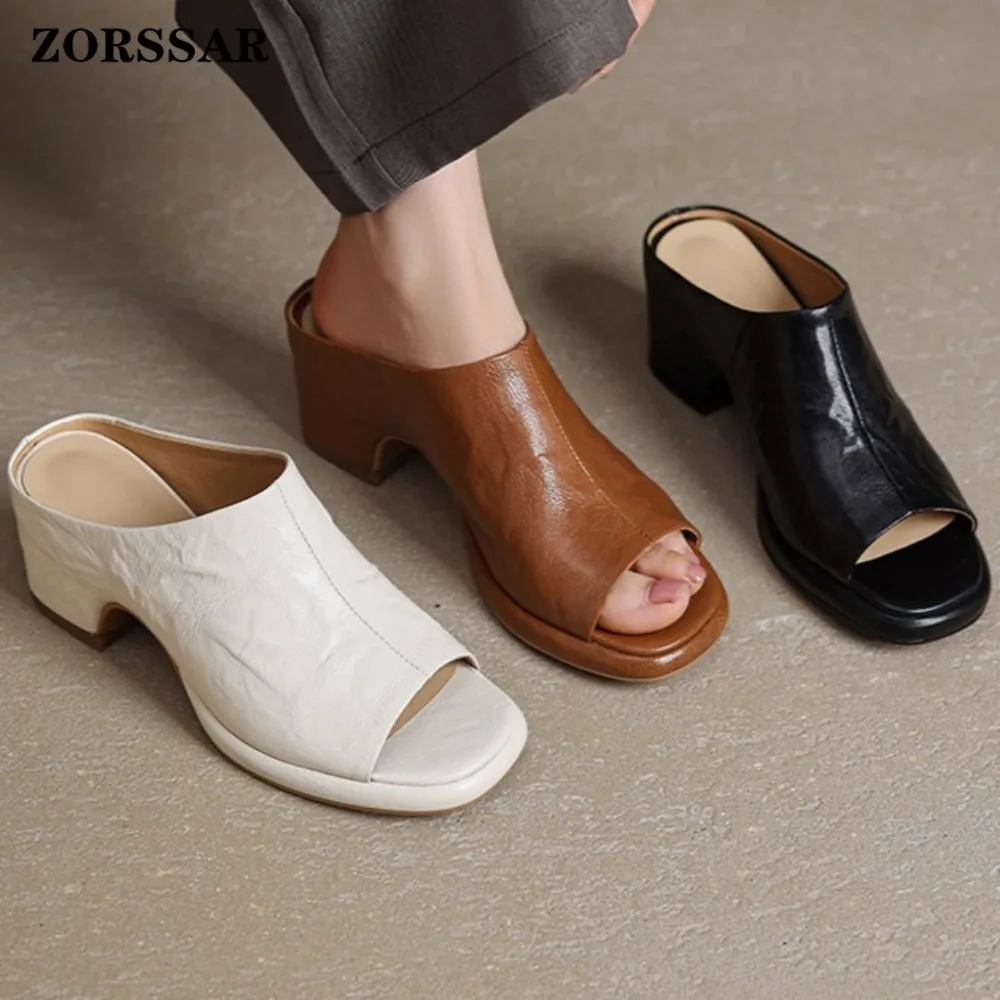 Women's Vintage Beige Platform Chunky Heel Mules, Open Toe Block Heel Slide Sandals, Casual Summer Leather Shoes for Ladies