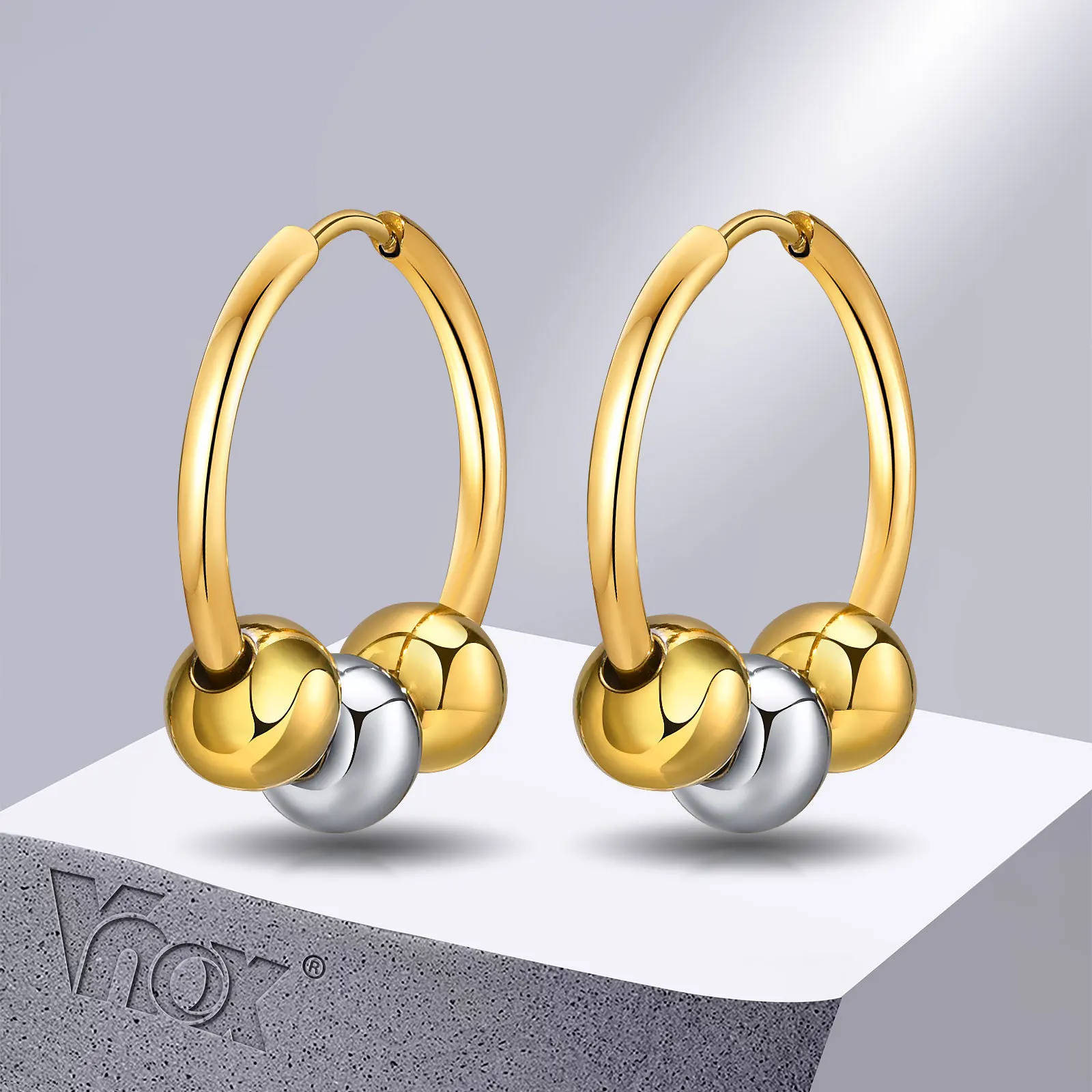 Vnox Minimalist Hoop Earrings for Women Gifts, Anti Allergy Stainless Steel Gold and Silver Color Beads Charm Earrings Jewelry