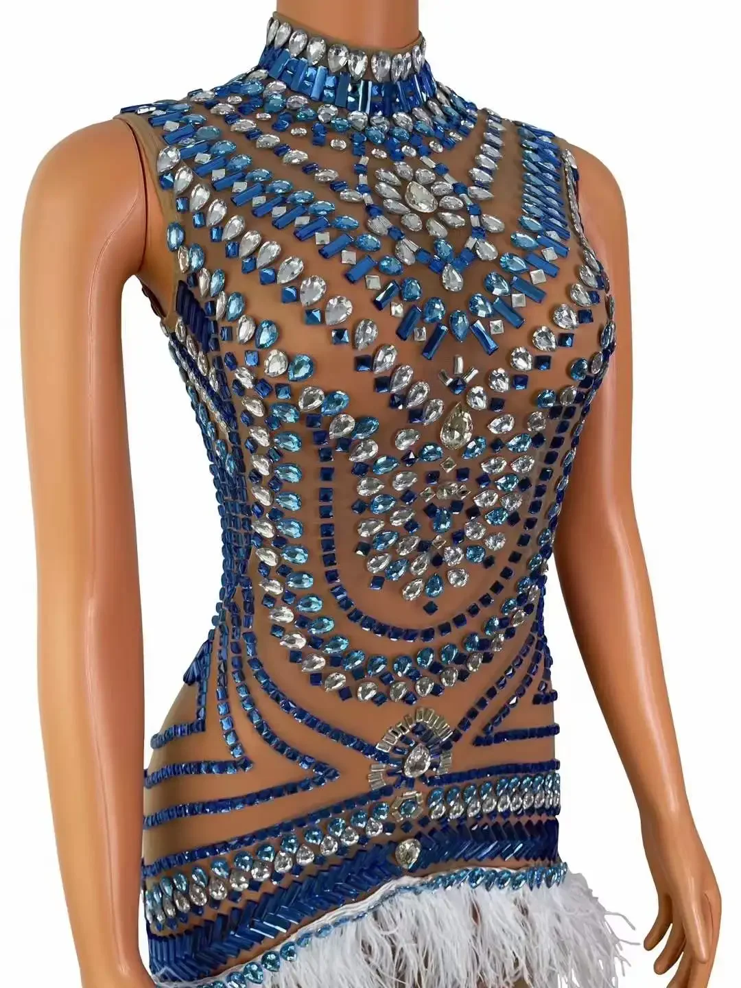 Sheer Sleeveless Rhinestone Short Dress Women Blue Mesh Crystals Feather Stretch Birthday Queen Dresses Drag Queen DJ DS Outfit