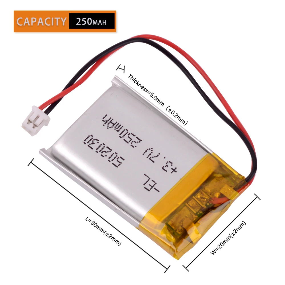 502030 402030 602030 3.7V 250mAh Rechargeable LiPo Battery JST 1.25 2P for RC Drone Dash Cam LED Light