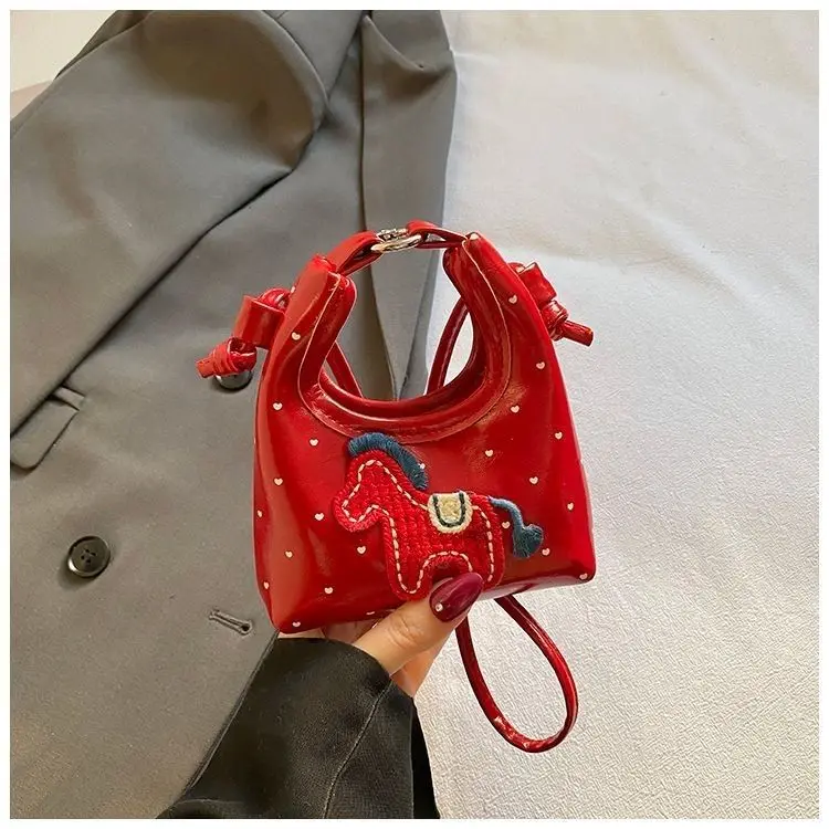 Red Pink Beige Cute Horse Embroidered Mini Hobo Bag Heart Dot Patent PU Leather Handbag Wristlet Crossbody Coin Purse for Girls