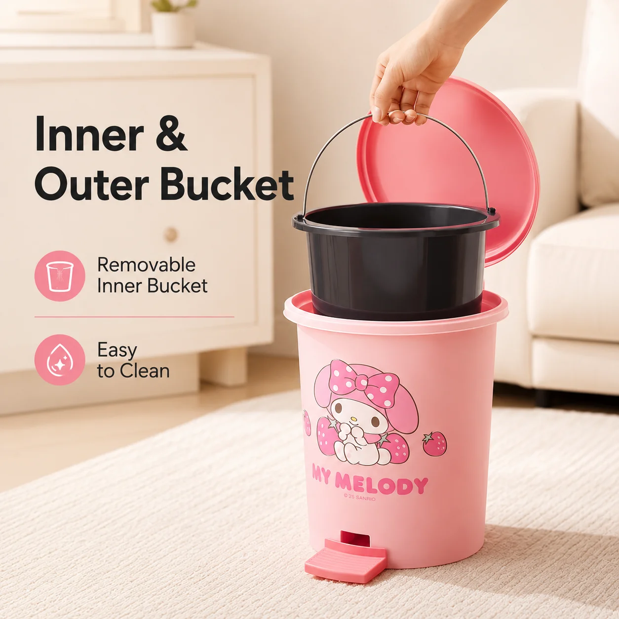 Sanrio My Melody Pedal Trash Can With Inner Bucket Cute Cartoon Portable Handle Waste Bin Household Kitchen Bathroom view 3