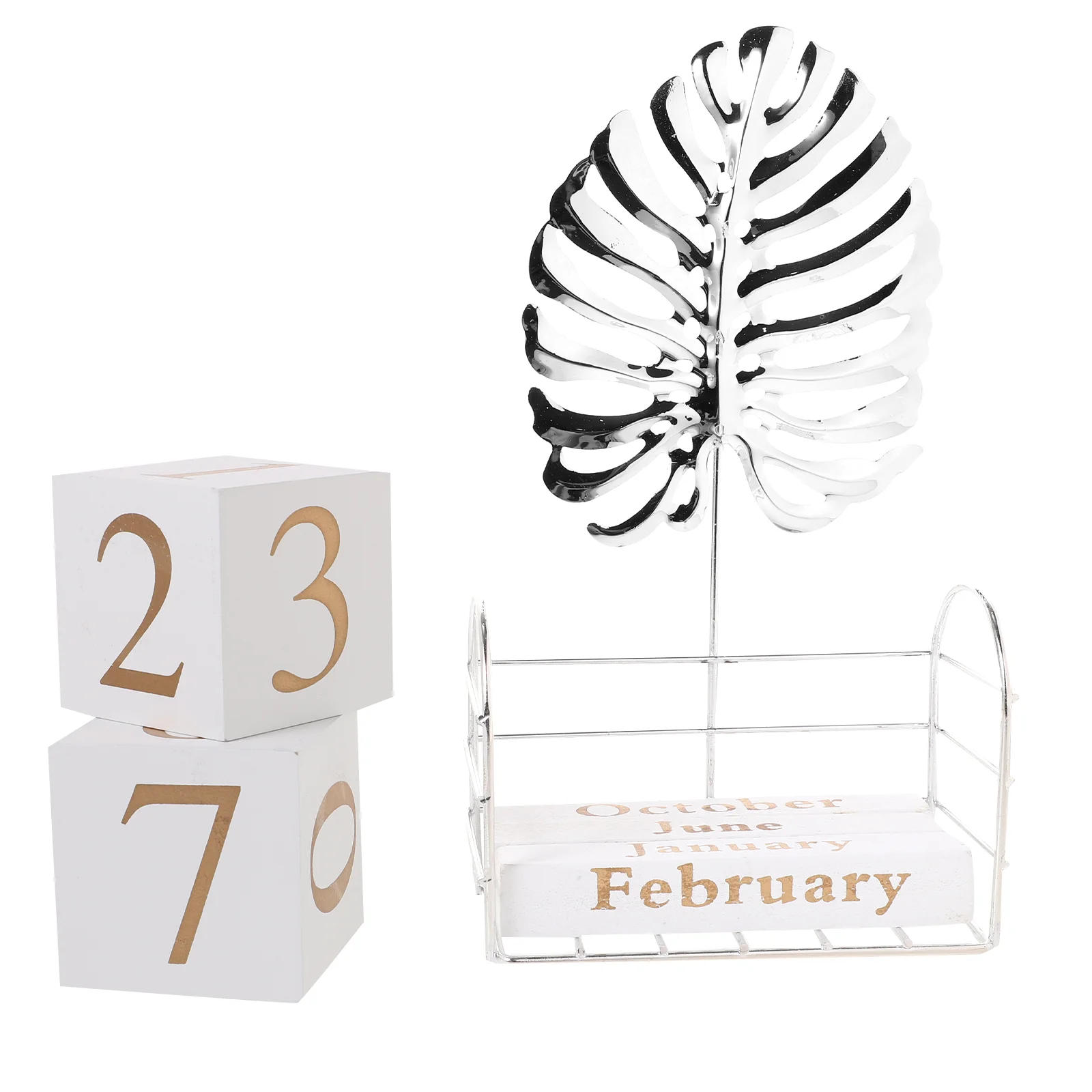  Office Decor Wooden Calendar Digital Desk Blocks Perpetual Tabletop Silver Iron