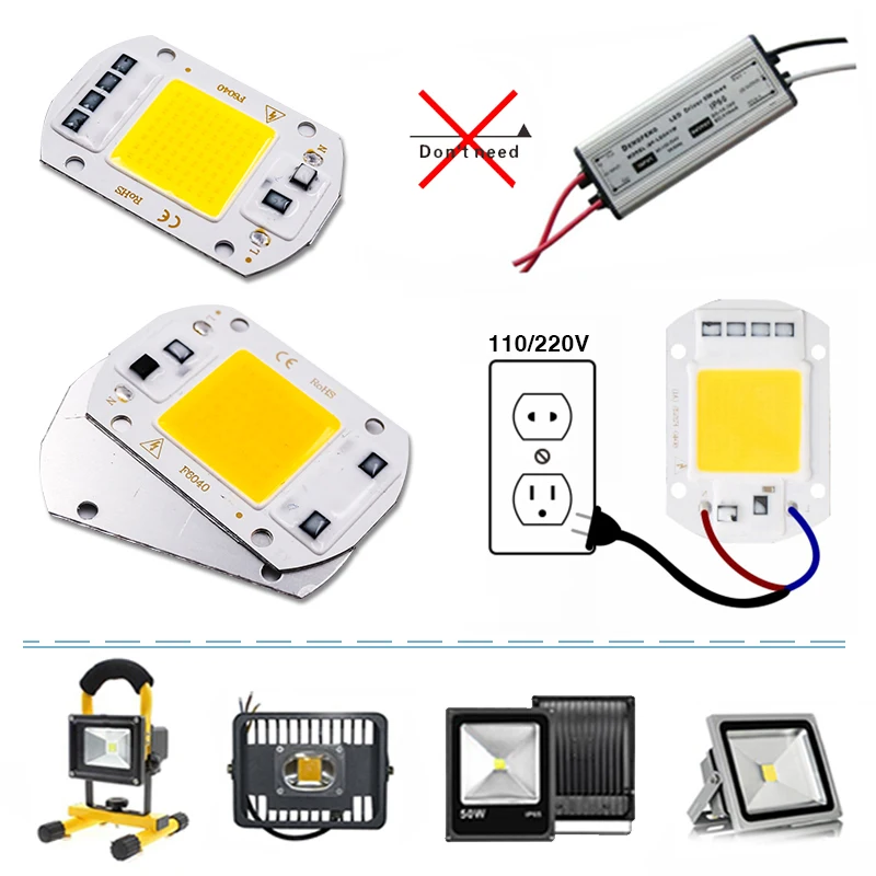 LED COB Lamp Chip 10W 20W 30W 50W AC110V 220V IP65 Smart IC Led Beads DIY for Floodlight Spotlight Accessories Cold Warm White