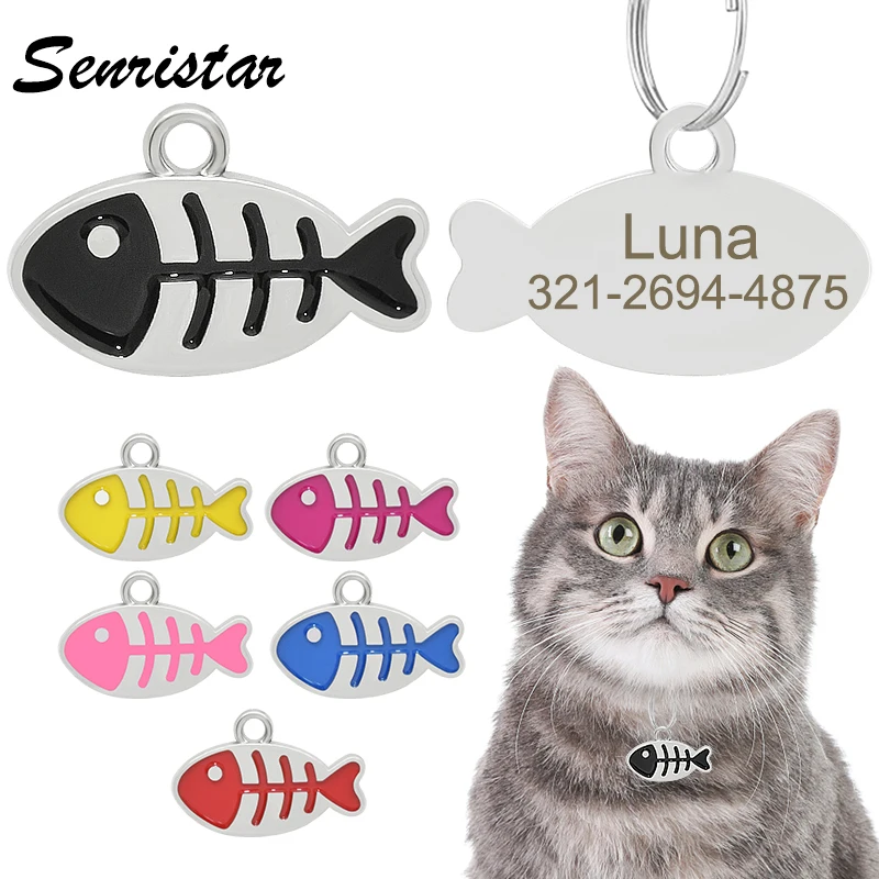 Etiqueta de identificación de gato personalizada con nombre grabado personalizado, etiqueta de gato con teléfono, lindo Metal, pez, gatito, etiqueta de Collar para mascotas, accesorios