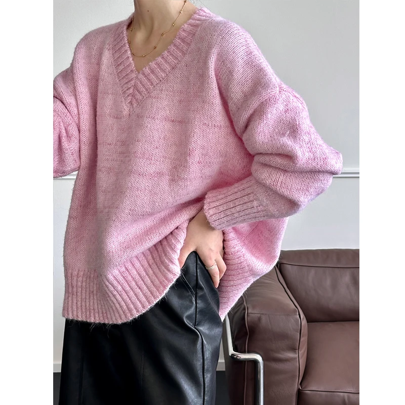 2024 Women Autumn Knitted V-Neck Cardigans Sweater Coat Loose Long Sleeve Women Pink Sweater Tops Winter Clothes