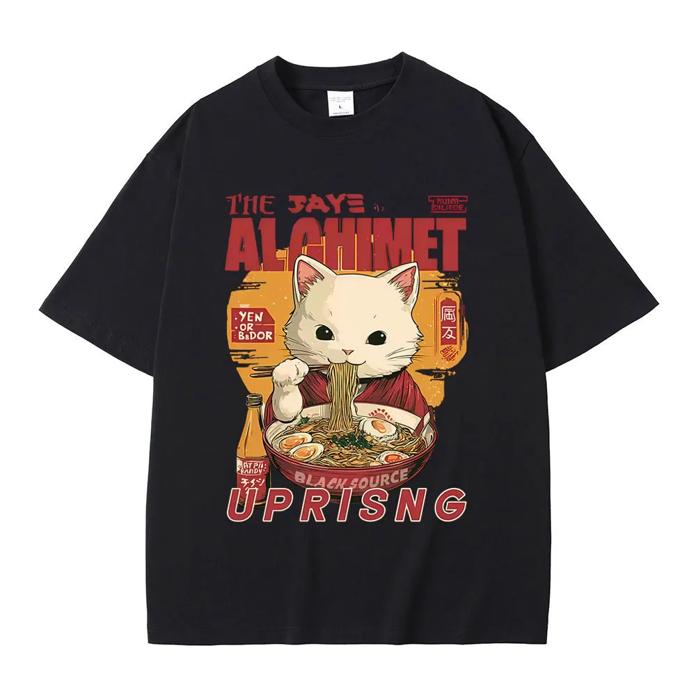 

Funny Cat Eat Ramen Meme T-shirt Men Women Japanese Cute Vintage Style T-shirts Male Casual Cotton Oversized T Shirts Streetwear