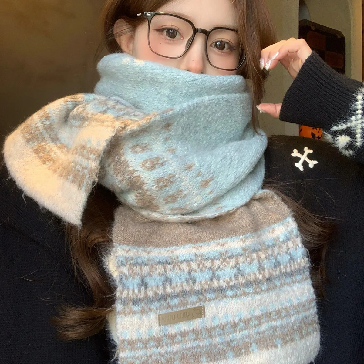 

Women's Blue Jacquard Knit Scarf - Winter Thickened Warm, Atmospheric Versatile Neck Support Cold-Resistant Wrap