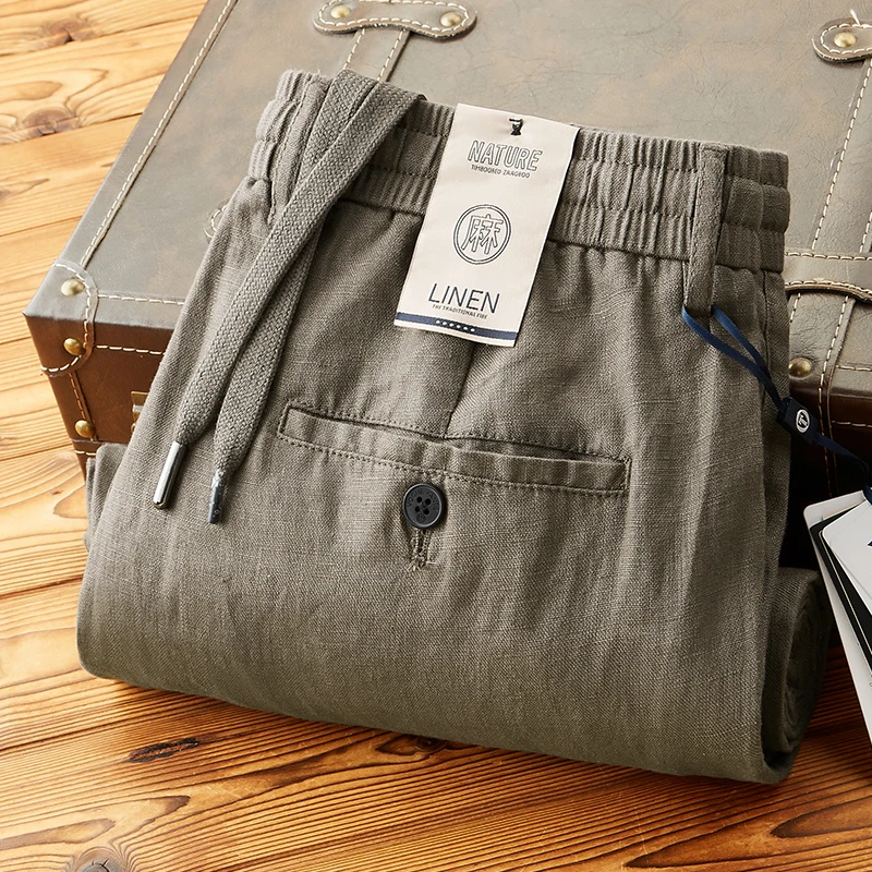 

High-End 00% Pure Linen Loose Straight Casual Pants Men Summer Thin Breathable Linen Elastic Waist Rope Long Trousers