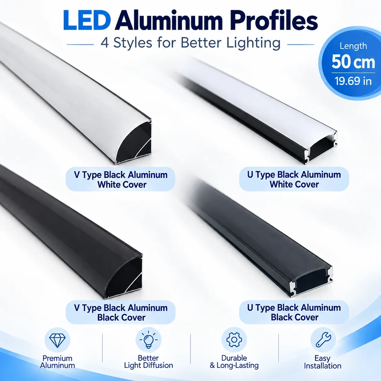 1-30Pcs/lot LED Aluminum profile 0.5m/pcs U/V shape Corner for 5050 2835 LED Strip Bar Lamp channel Holder White/Black Cover