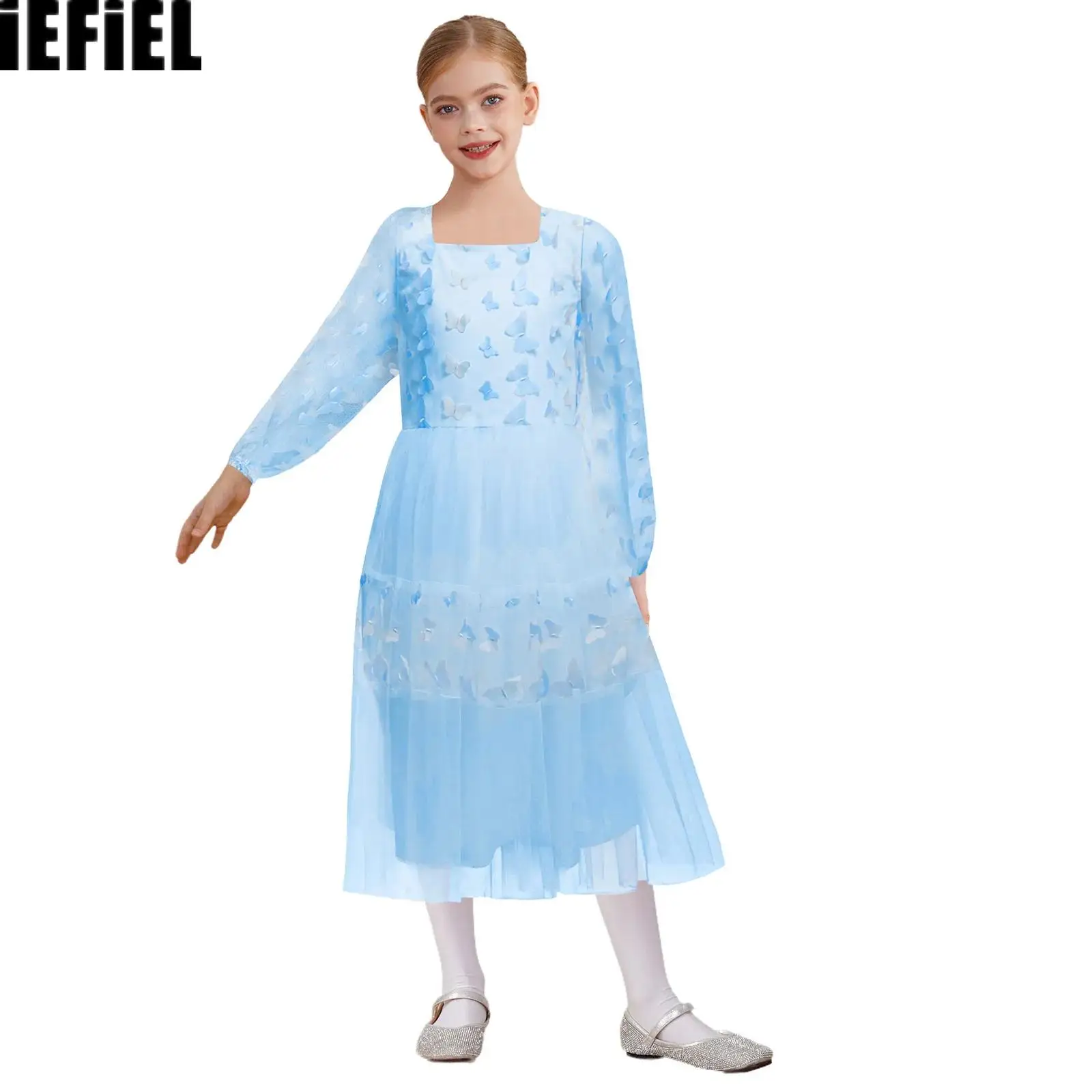 

Kids Girls A-Line Dress Butterfly Tulle Dresses Square Neck Long Puff Sleeves Dresses for Wedding Birthday Party Holiday