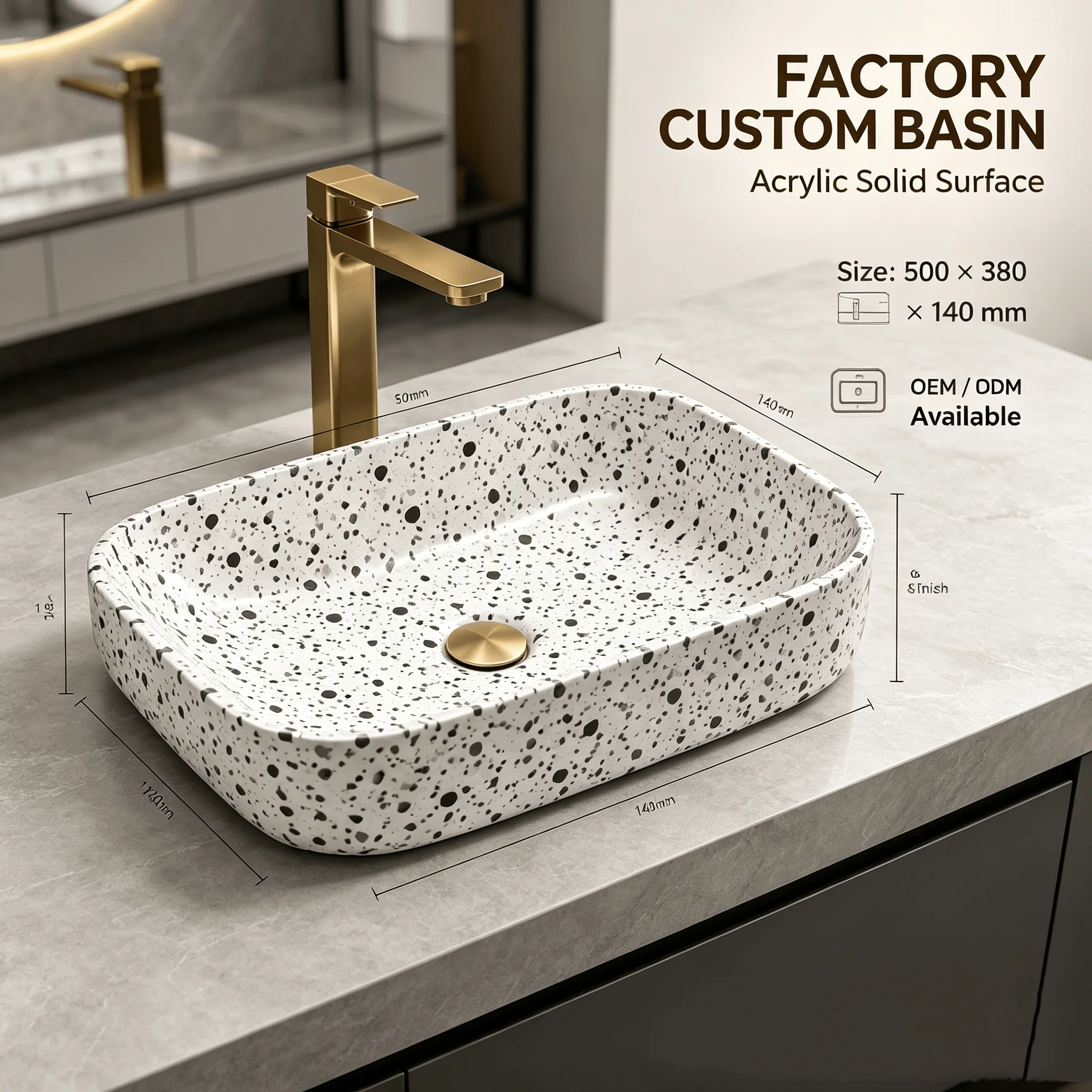 Modern Terrazzo Pattern Acrylic Solid Surface Vessel Sink Bathroom Basin Custom Wash Basin OEM ODM