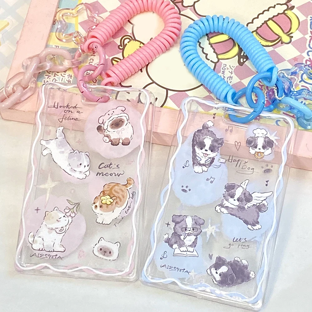 New Cartoon Photocard Holder Bag Charm With Spring Lanyard Transparent Acrylic Card Cover Case Anti-lose Bus ID Card Holder
