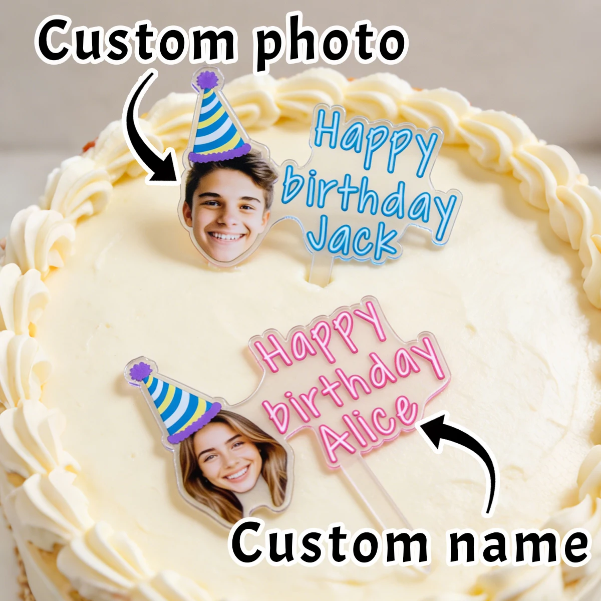 Personalisierte Cupcake-Topper mit Gesichtsdruck, Individuelle Acryl-Kuchendekoration, Anpassbare Text- und Foto-Cupcake-Topper