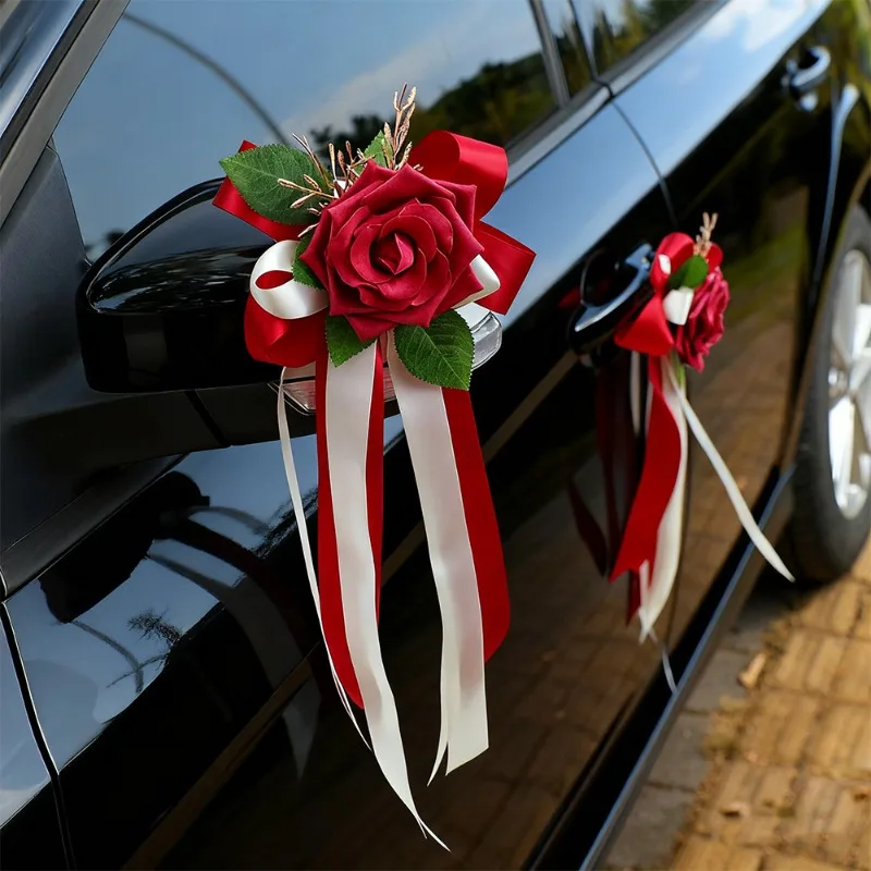 1pc Wedding Car Rearview Mirror Decoration Flower Retro Bow Door Handle Decoration Simulation Flower Automotive Supplies