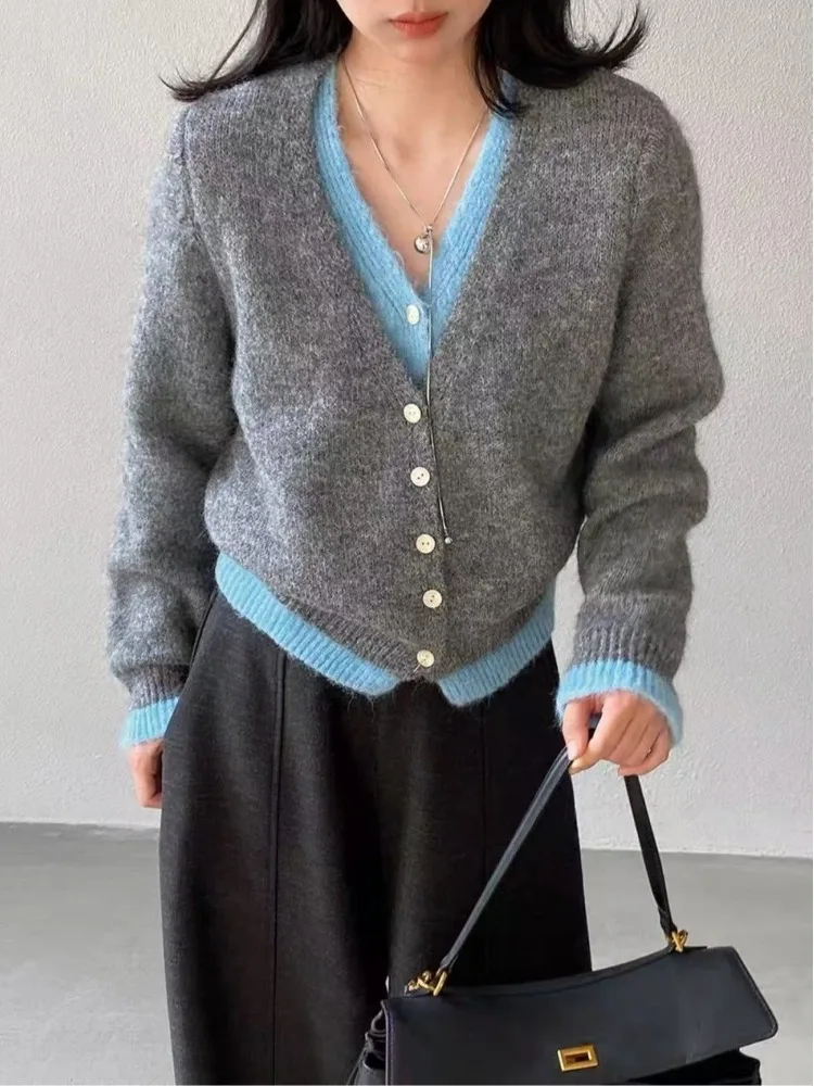 Trendy V-Neck Knitted Open Cardigan Women's Soft Cozy  Color Design Sensation Sweater French Style Regular Fit Long Sleeve