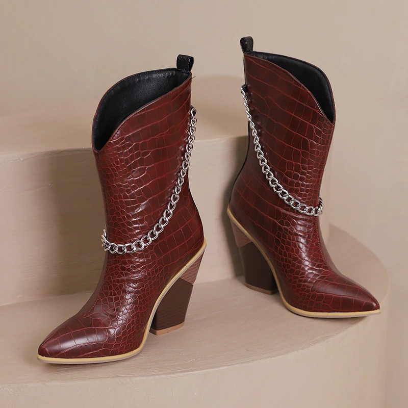 Botas occidentales de cocodrilo para mujer, botines de caballero puntiagudos con cadena de Metal, tacón de cuña alto y delgado, botas medianas de talla grande, Sexy