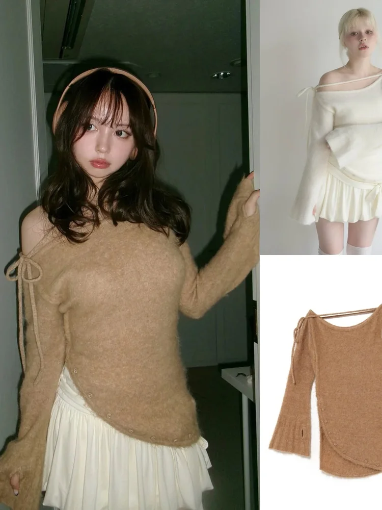 

Sweet oulder Bared Knitted Sweater Loose Fit Asymmetrical Design Autumn Winter Women's Faion Long Sve Crew Ne Top
