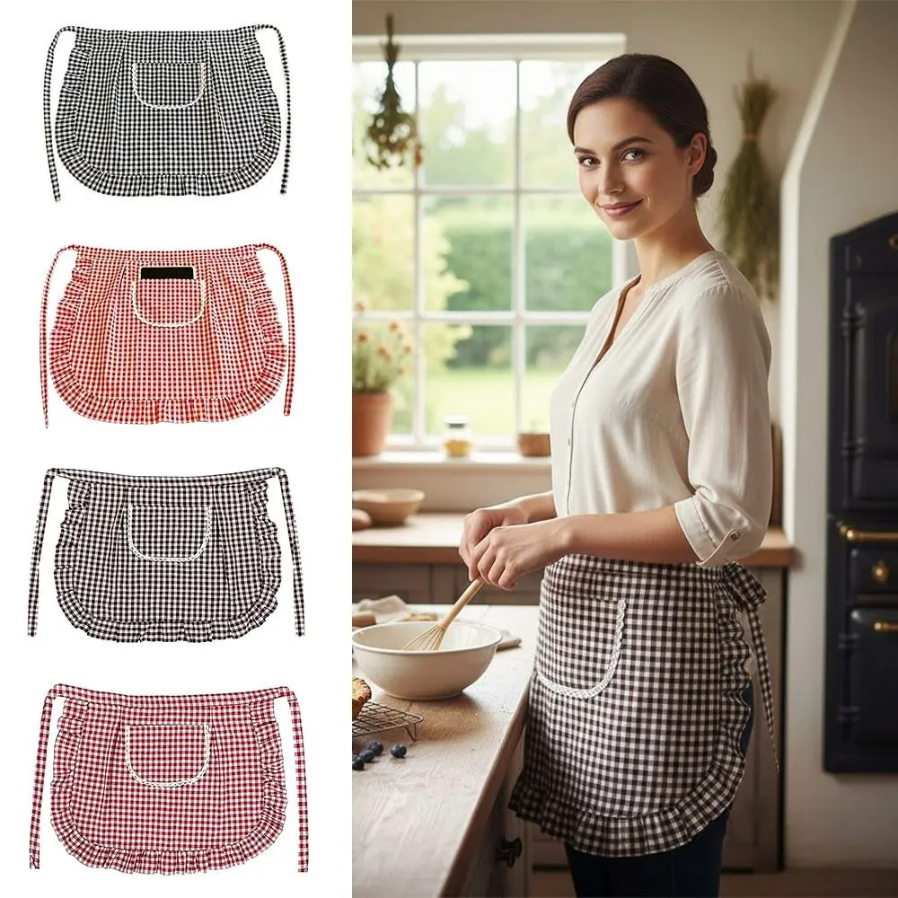 New Cotton Half-length Apron Stain-resistant Breathable Kitchen Apron Square Check Cooking Work Clothes for Cooking or Work