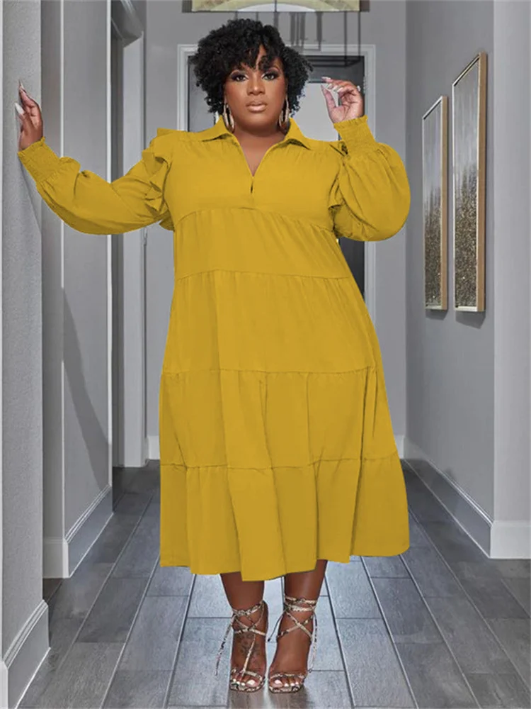 Wmstar Plus Size Women Clothing Dresses Women Petals Long Sleeve Loose Solid Elegant Maxi Shirts Dress Wholesale Dropshipping