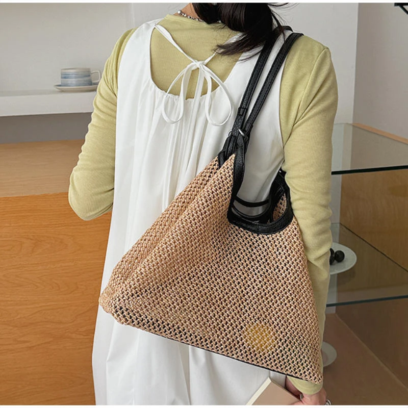 Große gewebte Tragetasche, Damen Frühlingstrendige Kontrastfarbene Hochwertige Vielseitige Schultertasche mit Henkel und Henkelgriff – Detail 6