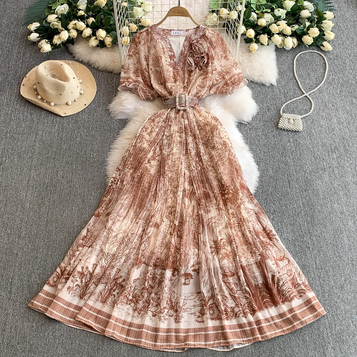 UNI imprimé robe Maxi femmes vacances d'été robes longues chemise 2025 printemps à manches courtes simple boutonnage perles robes de fête