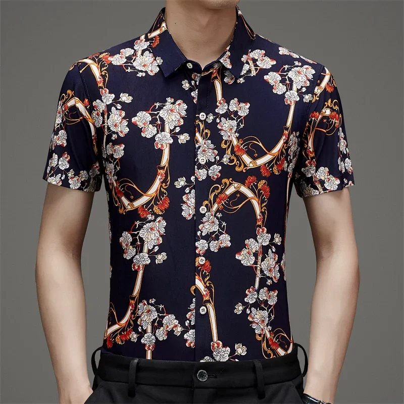 Camisa estampada de manga corta de seda de hielo para hombre, camisa informal resistente a las arrugas, novedad de verano